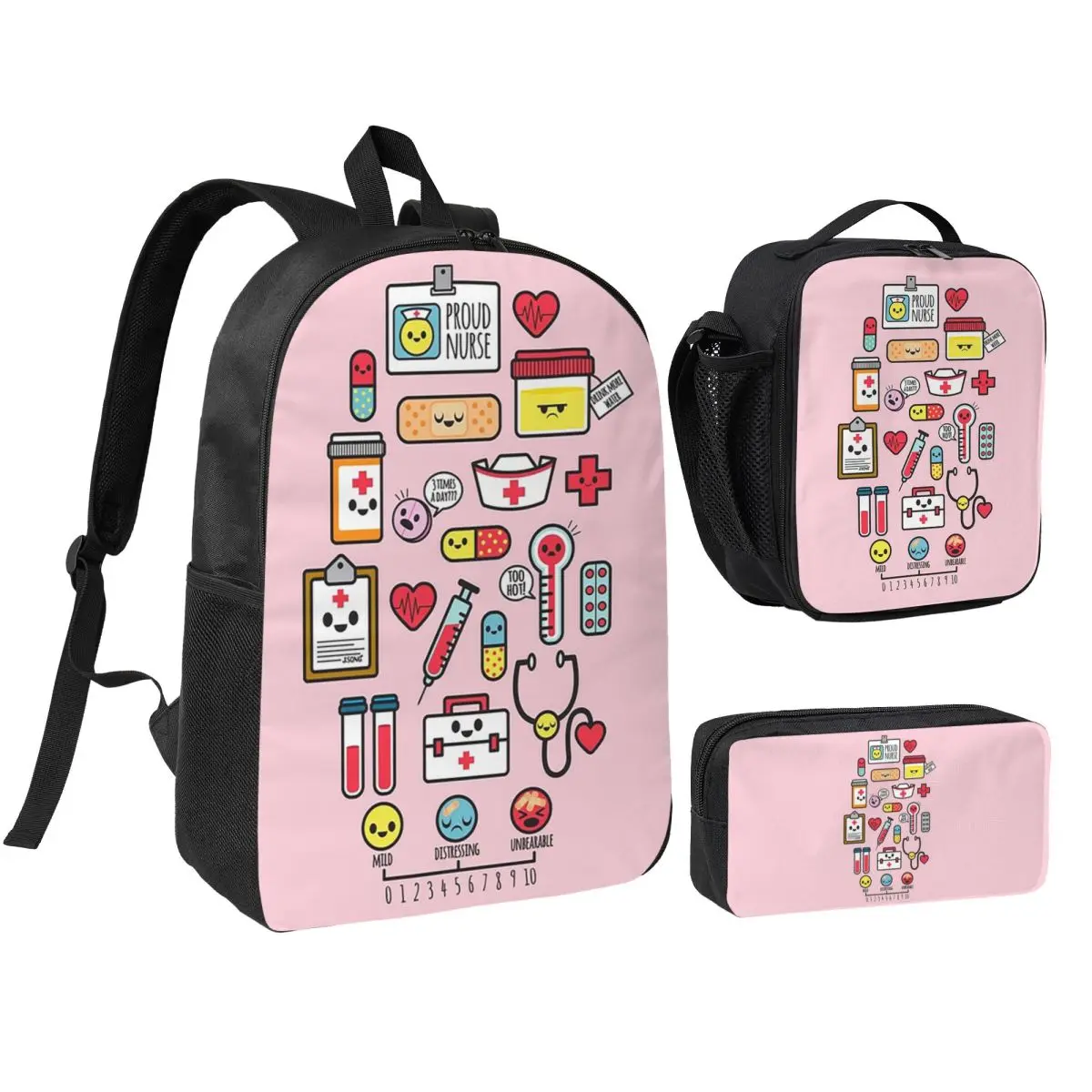 Proud To Be A Nurse Pink Backpack Boys Girls BookBag School Bag Shoulder Bags 3ps Insulated Lunch Bag Pencil Case