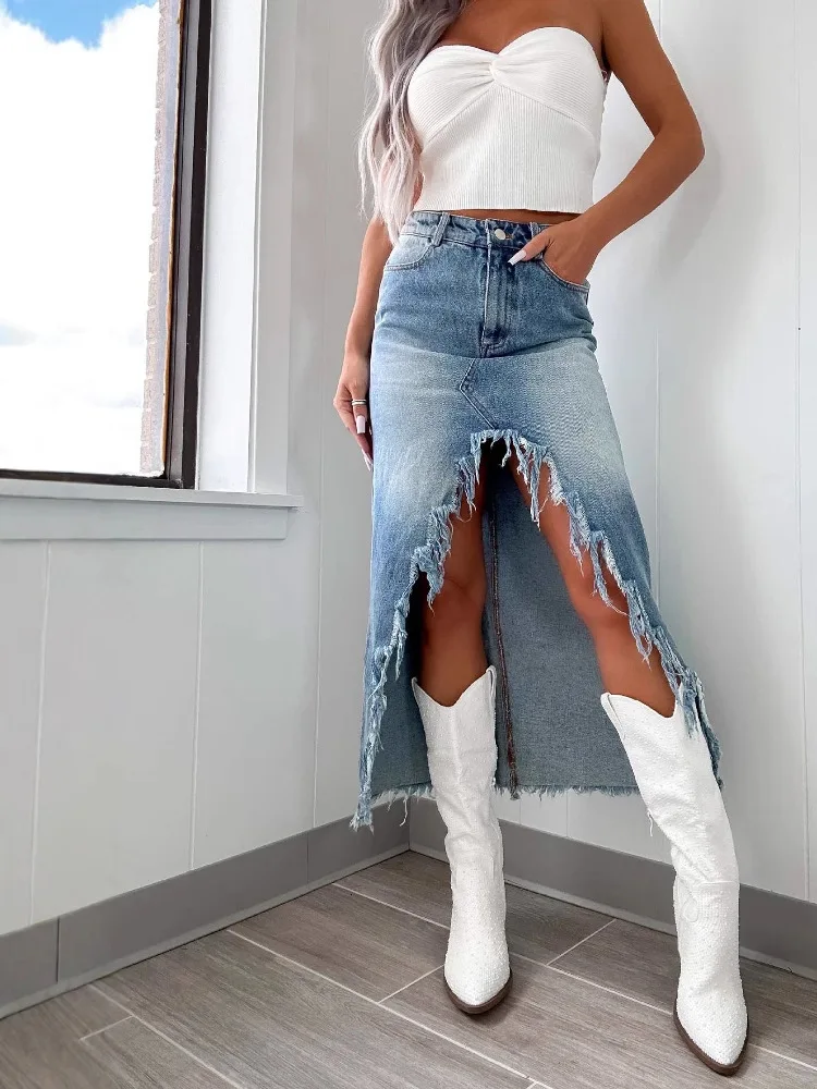 

Irregular Frayed Hem Denim Skirt Women's Low Waist Jeans Skirt Sli Versatile Thin Fabric Bodycon Skirts