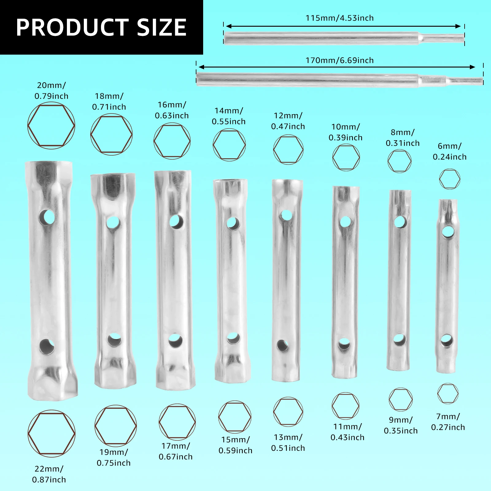 10Pcs Metric Tubular Box Wrench Set 6-22mm Spark Plug Carbon Steel Double Ended Wrench Automotive Plumb Repair Wrench Tools