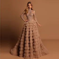 O-neck Long Sleeve Ruffled A-line Evening Dress Floor Length Women Clothing Beaded Crystals Luxuies Prom Dresses Elegant