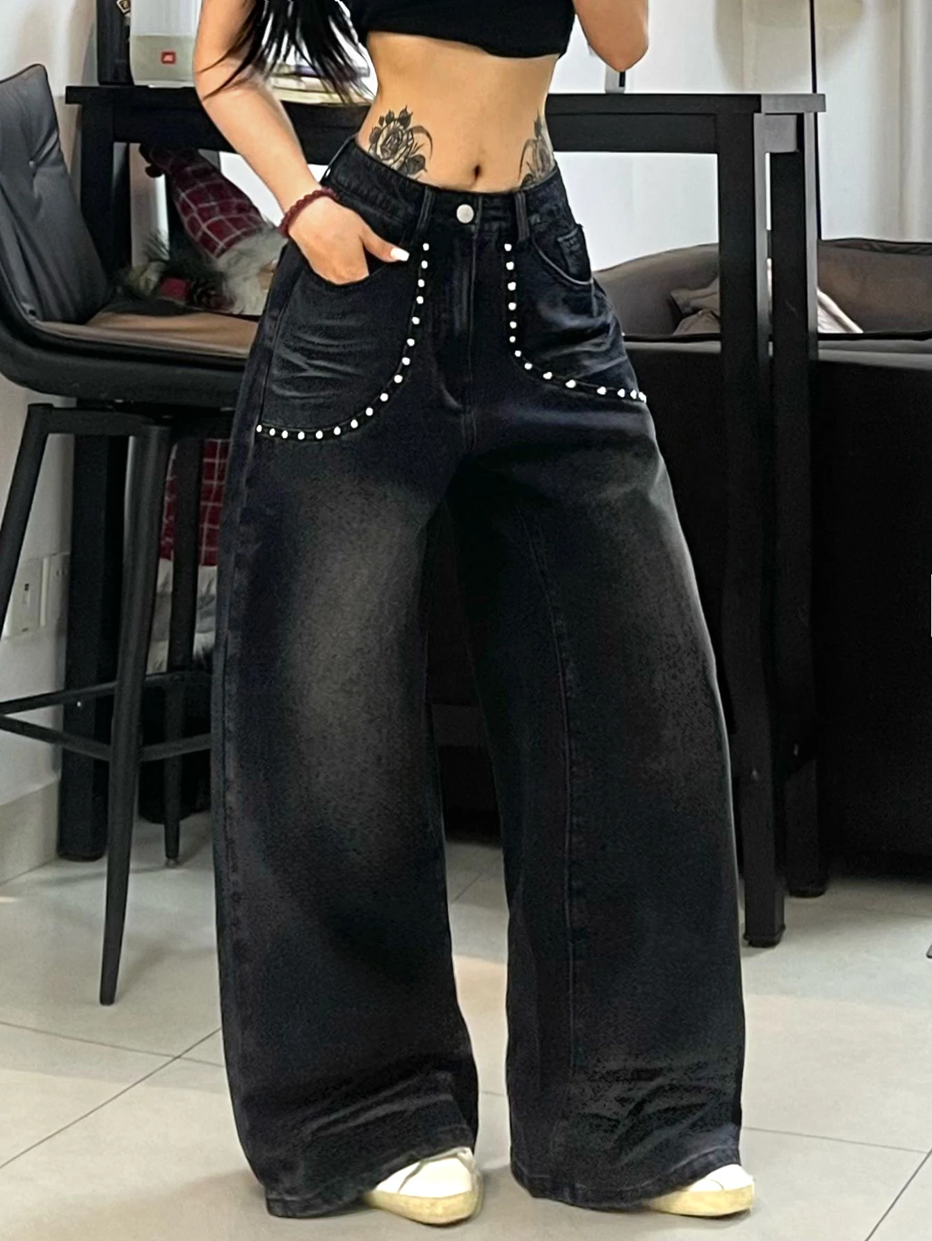 American Vintage Gradient Wash Studded Women's Wide-Leg Pants, Street Fashion Black Versatile Loose Jeans For Women