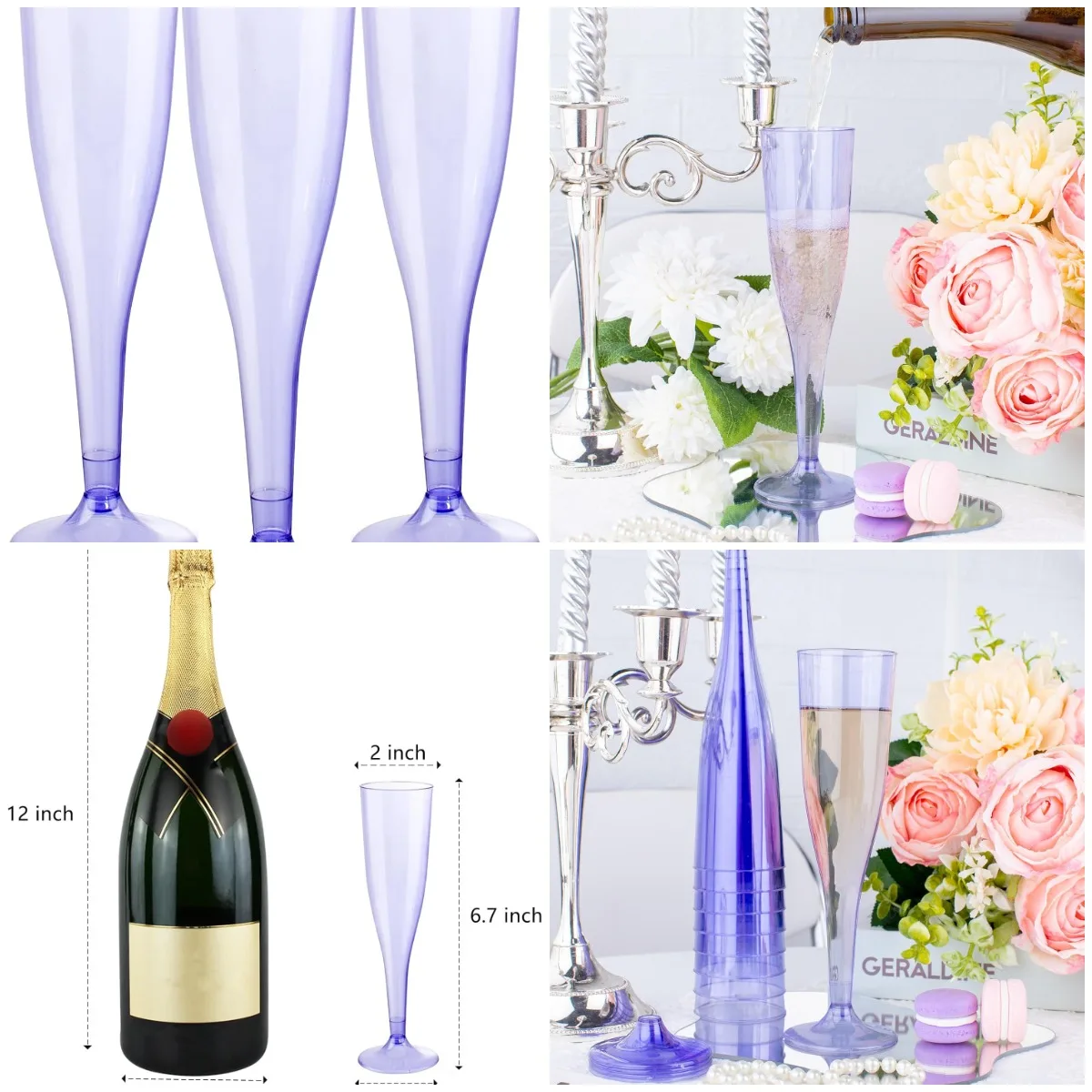 

36 Pack Clear Purple Plastic Champagne Flutes, 7OZ Disposable for Wedding & Party