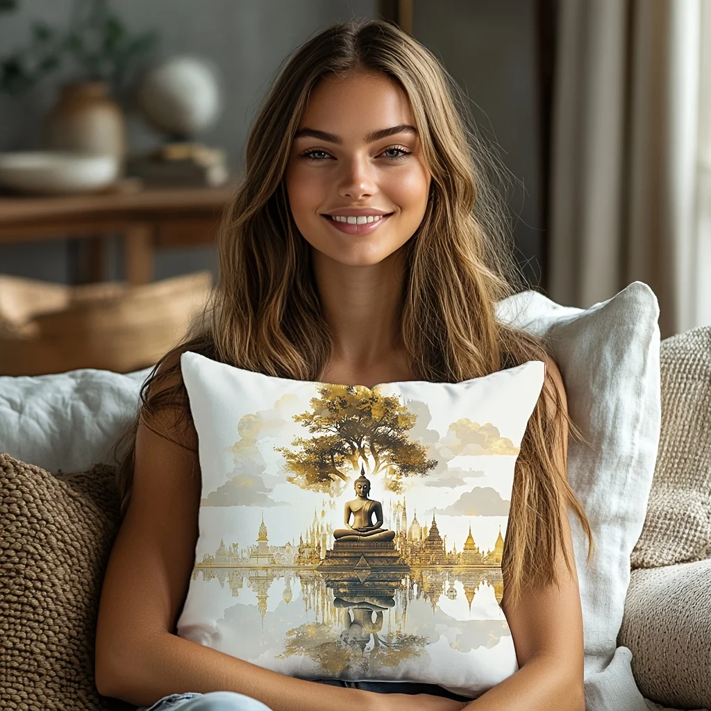 Buddhist statue landscape theme digital printing pillow cover Short plush Suitable living bedrooms sofas throw cushion cover