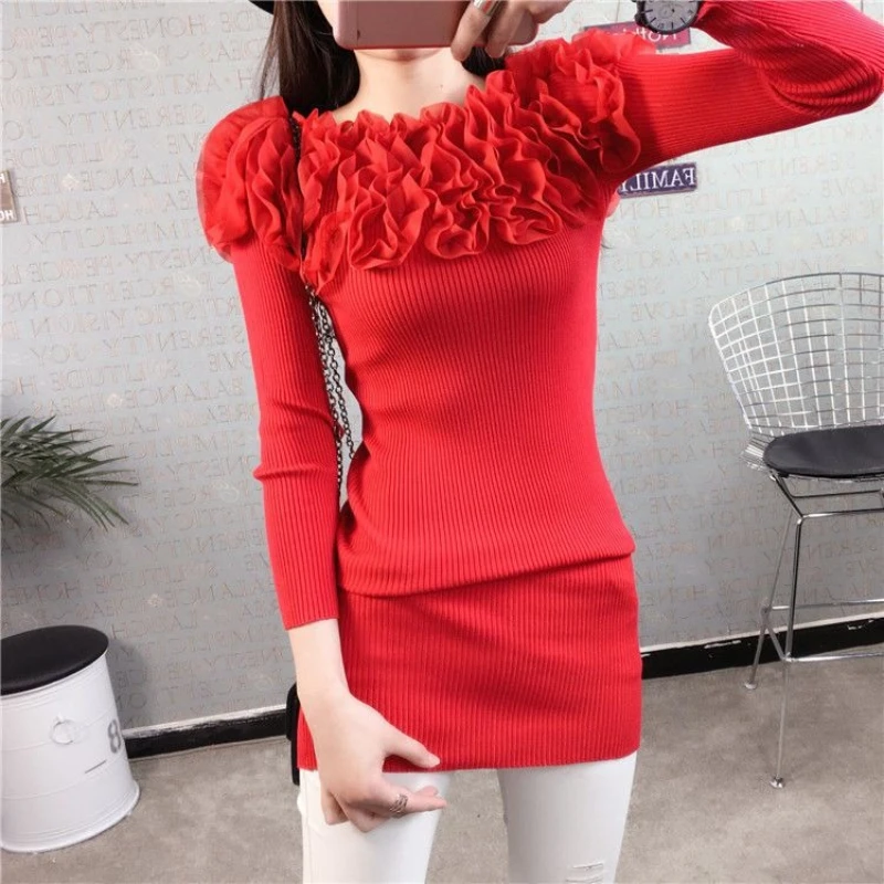 

Women's Autumn New Slim-fit Versatile Long-sleeved MD-LONG Knitted Top Three-dimensional Lace One-word Neck Bottoming Sweater