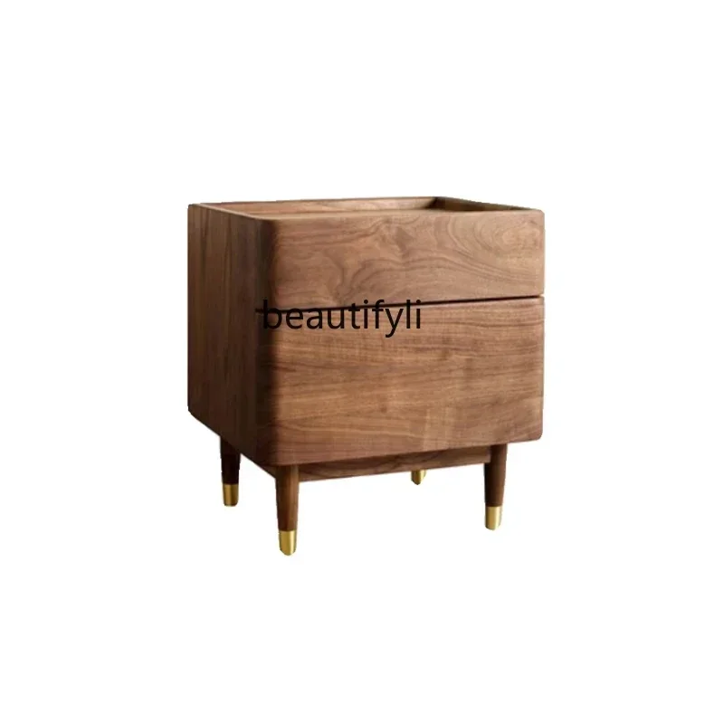 x11Nordic Simple Modern Bedroom Bedside Table Black Walnut Solid Wood Light Luxury Anti-Roll Locker