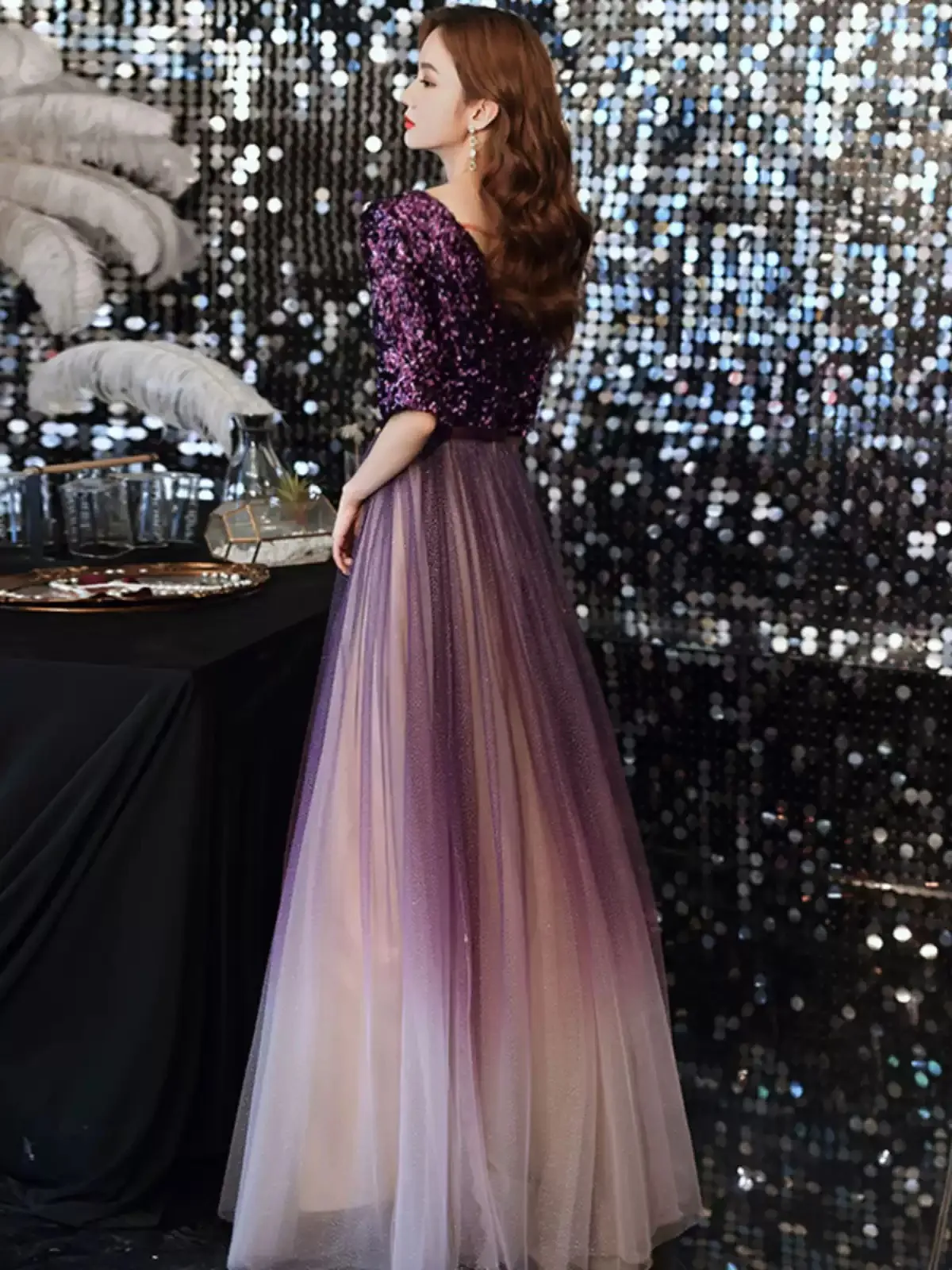 Purple Evening Dress Long Prom Gowns Shining Sequined Top Pleats Tulle Party Dresses Zipper Back