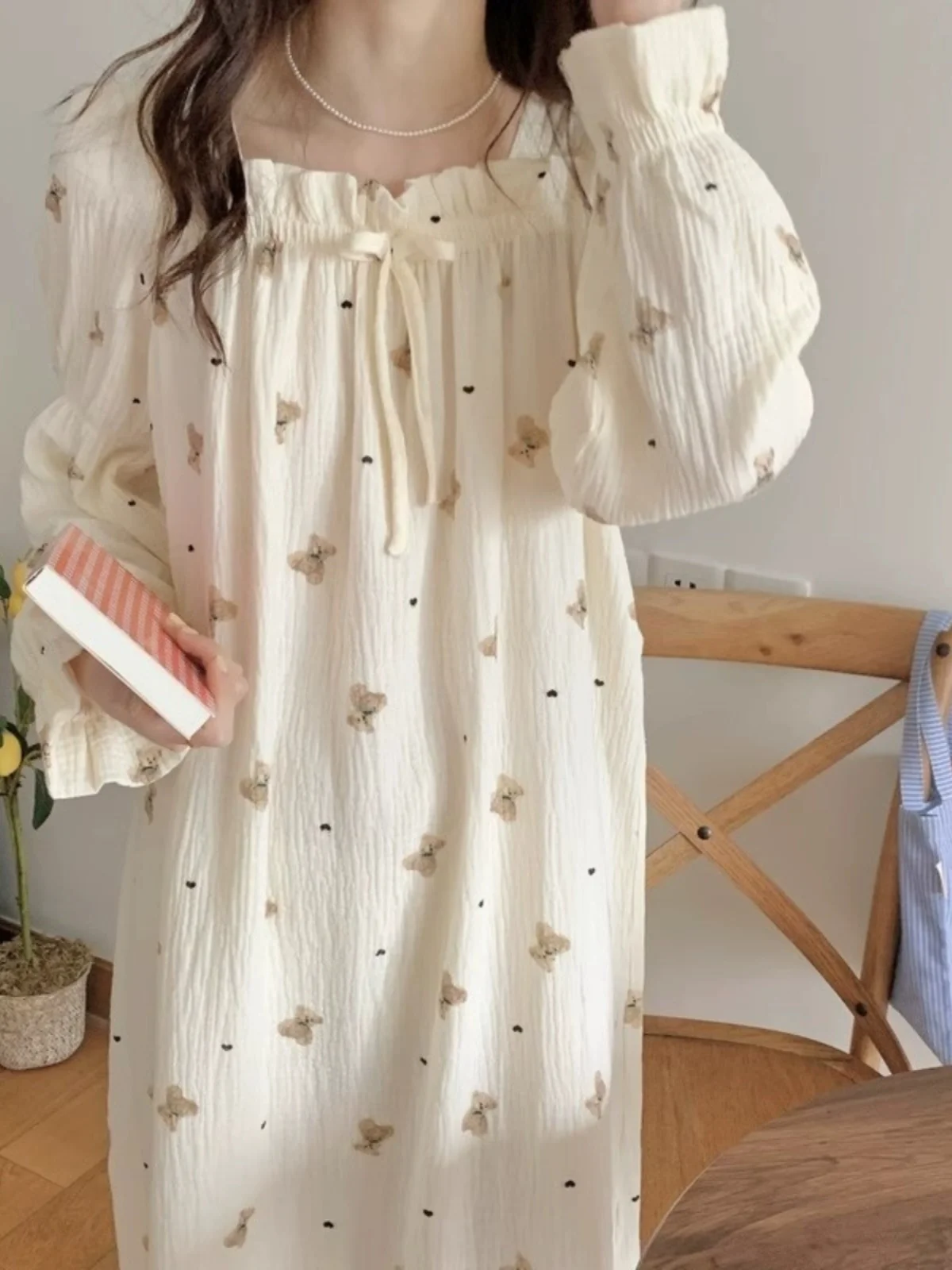 Princess Style Long Sleeve Sleepwear Women's Spring Summer Autumn Cotton Linen Woven Dress Home Clothes Square Collar Gown