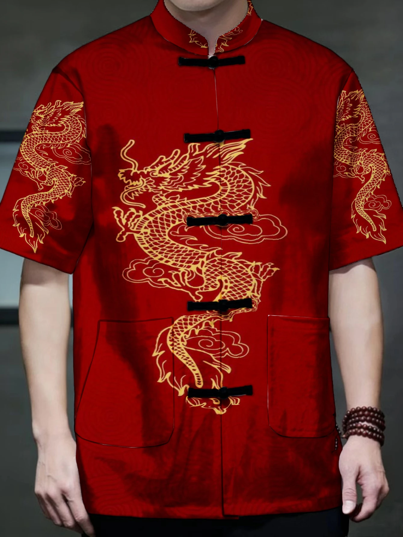 Men Festive Oriental Short Sleeve Jacket Golden Dragon Cloud Motif Frog Fasten Breathable Party Wear Apparel