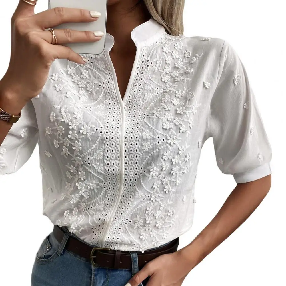 Women Casual Shirt Embroidery Floral Lace Solid Color Pullover Tops Stand Collar V-neck Half Sleeve Relaxed Fit Shirt Рубашка