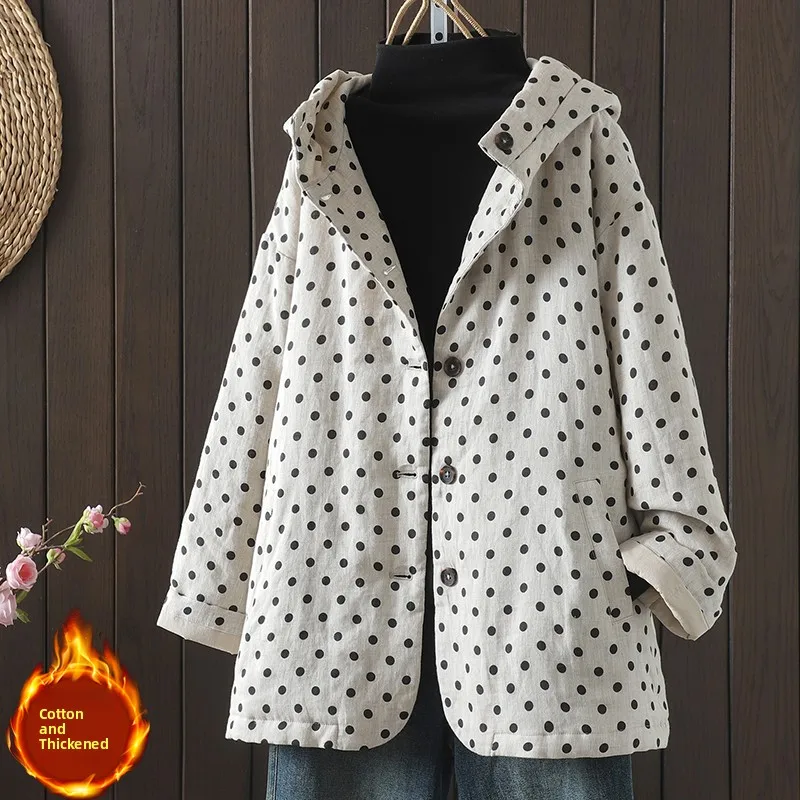 

Зимнее новое пальто-жакет женское свободного кроя из хлопка и льна в горошек, на одной пуговице, теплое, удлиненное, с капюшоном, стандартной длины