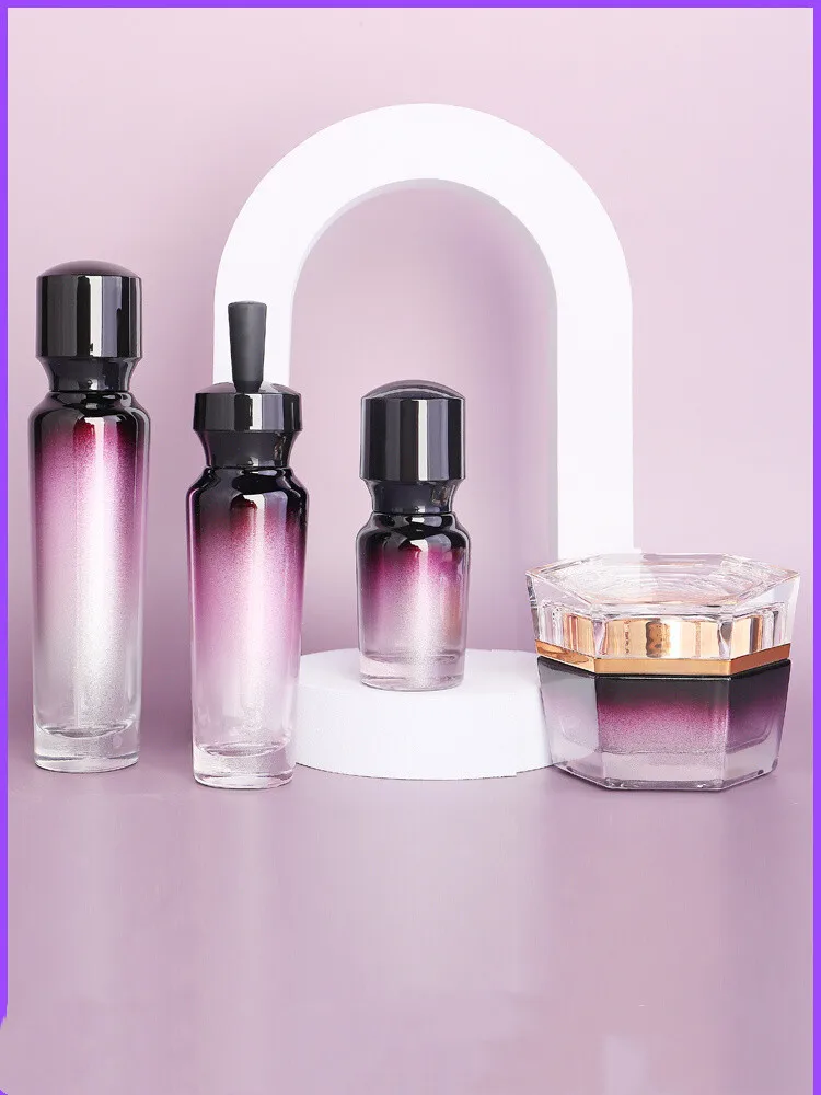 15pcs Empty Bottles Glass Spray/Lotion /Cream Bottle Gradient Purple Cosmetic Container Set Bottle Cream Jar Refillable Bottle