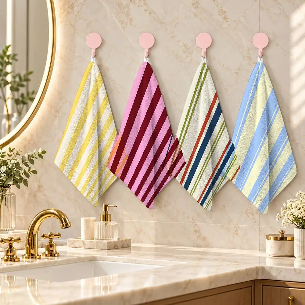 Luxury Saturated Two Color Vertical Stripes Cartoon Printed Small Hand Towel Polyester Soft Towel For Bathroom Kitchen Home Use
