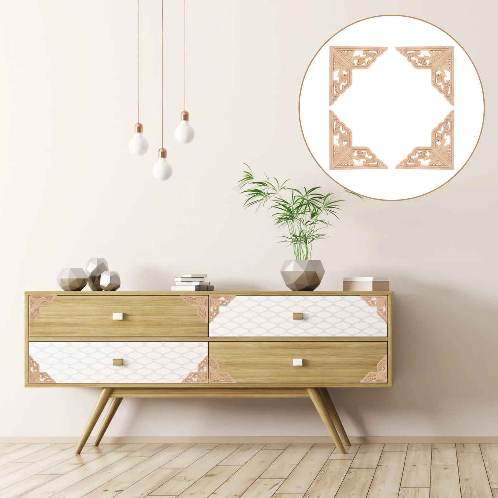 

4Pcs Wooden Carved Onlay Unpainted Frame Fine Workmanship Dresser Window Furniture Applique Wood Carved Onlay Wood Carving Decal