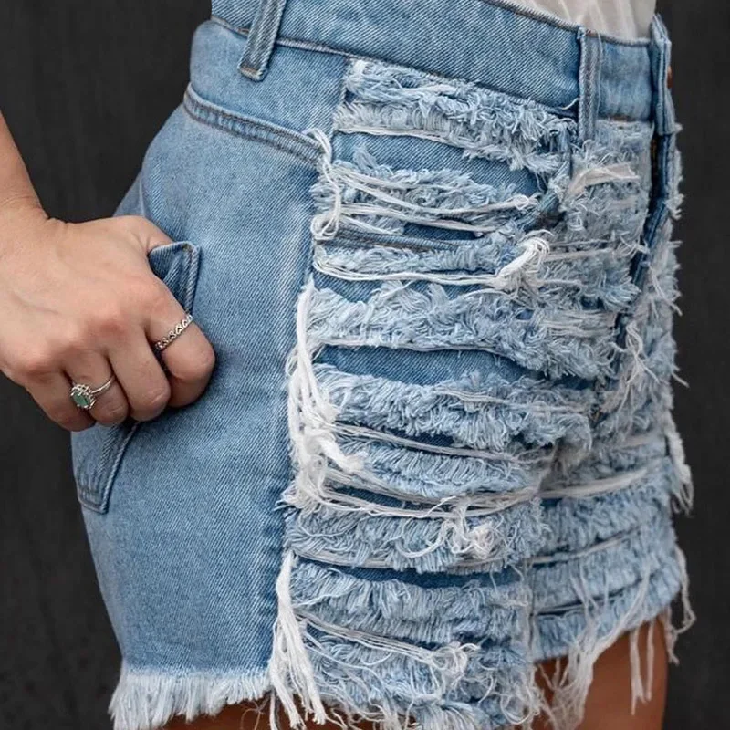 Plus Size Light Blue Ripped Cut Out Denim Shorts With Tassel Women Streetwear High Waist Hollow Out Sexy Hole Jean Shorts Female