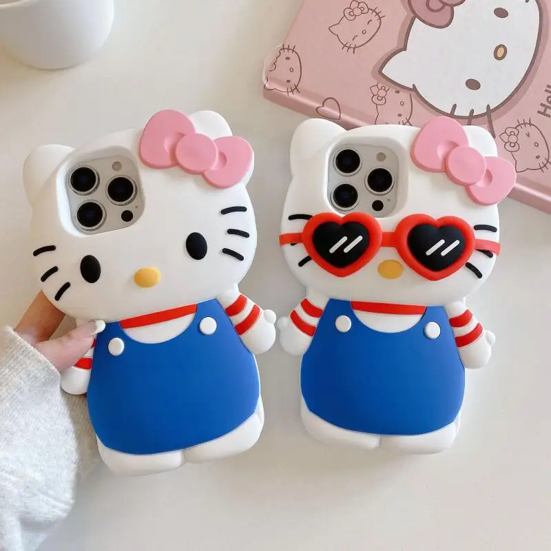 

Милый чехол для телефона Hello Kitty с узором в виде очков с сердечками, модный мультяшный противоударный чехол для 16 15 14 13 Pro Max