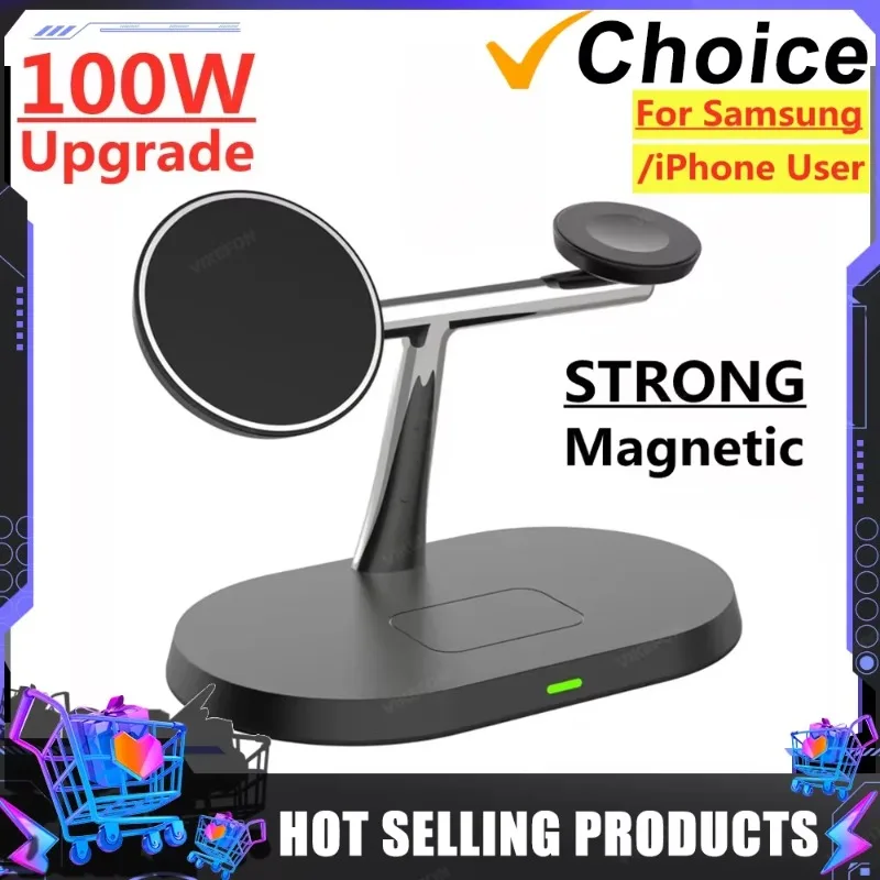 100W 3 In 1 Magnetic Wireless Charger Stand For iPhone Samsung S24 S23 Ultra Galaxy Watch 5 Active 2 Fast Charging Dock Station