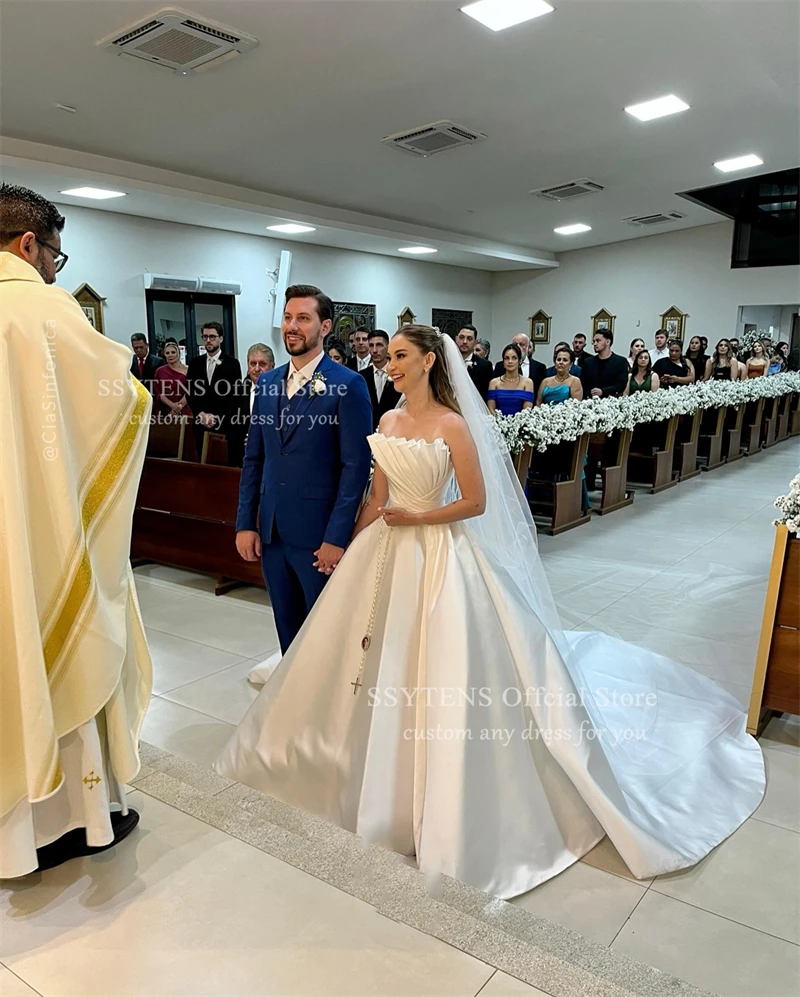 SSYTENS Elegant A-line Satin Wedding Dresses Strapless Sleeveless Bridal Dresses Long Wedding Gowns Robe De Mairee ﻿Customized