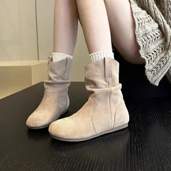 Flats Suede Casual Shoes Women Ankle Boots Slip-on Autumn New Apricot Goth Round Toe Short Botas Retro Versatile Chelsea Botines