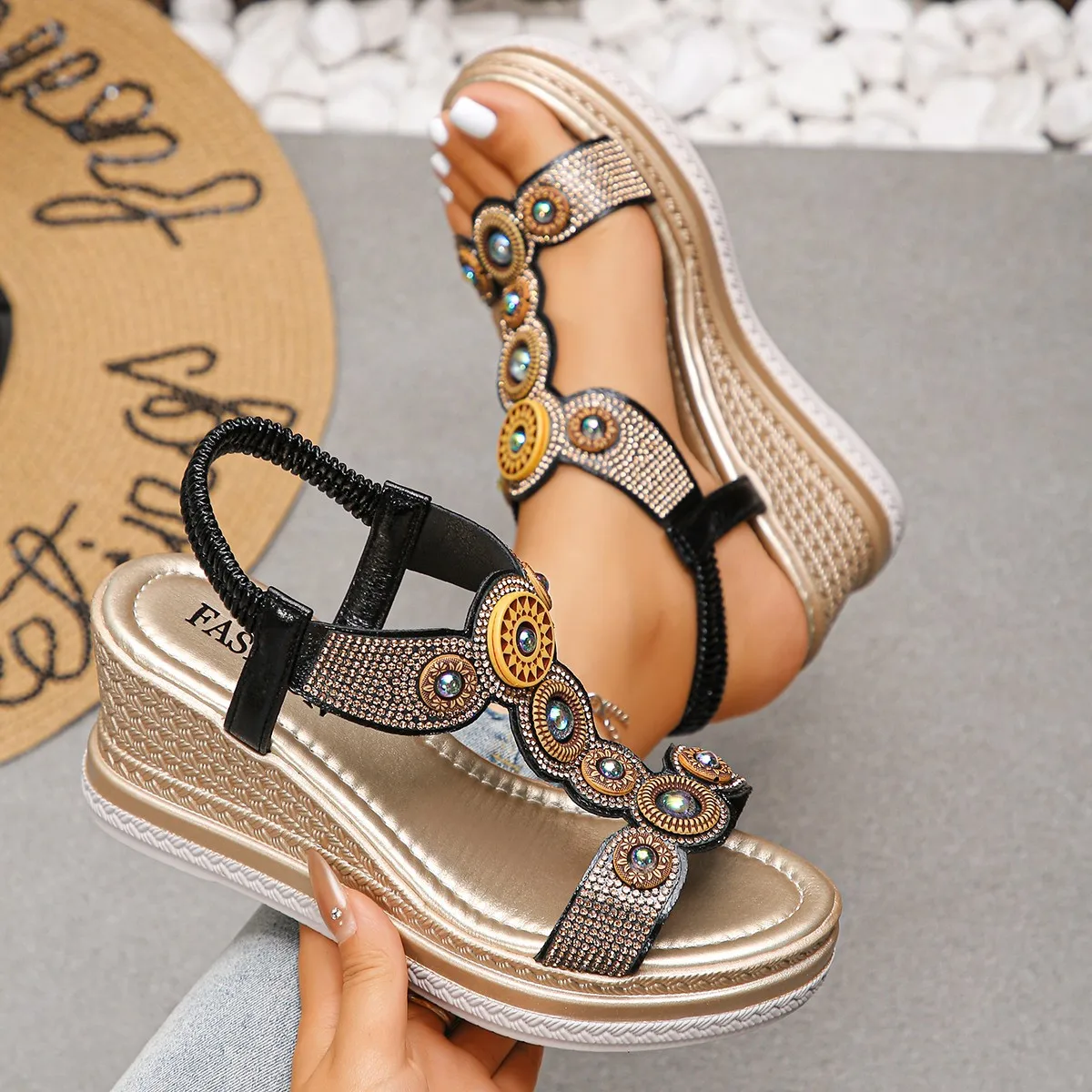 

Fashion Crystals Wedges Heel Sandals Women Summer Chunky Platform Bohemian Sandalias Mujer Slip On High Heels Sandles Female 43