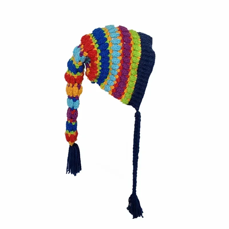 Children\'s Crochet Rainbow Long-tailed Hat Parent-child Knitted Wool Warm Elf Hat Men and Women Wear Thick Winter Beanie Hats