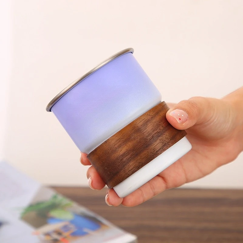 Outdoor 304 Stainless Steel Gradient Camping Cup Coffee Cup Restaurant Beer Cup with Wooden Sleeve Anti-scalding with Lid Straw