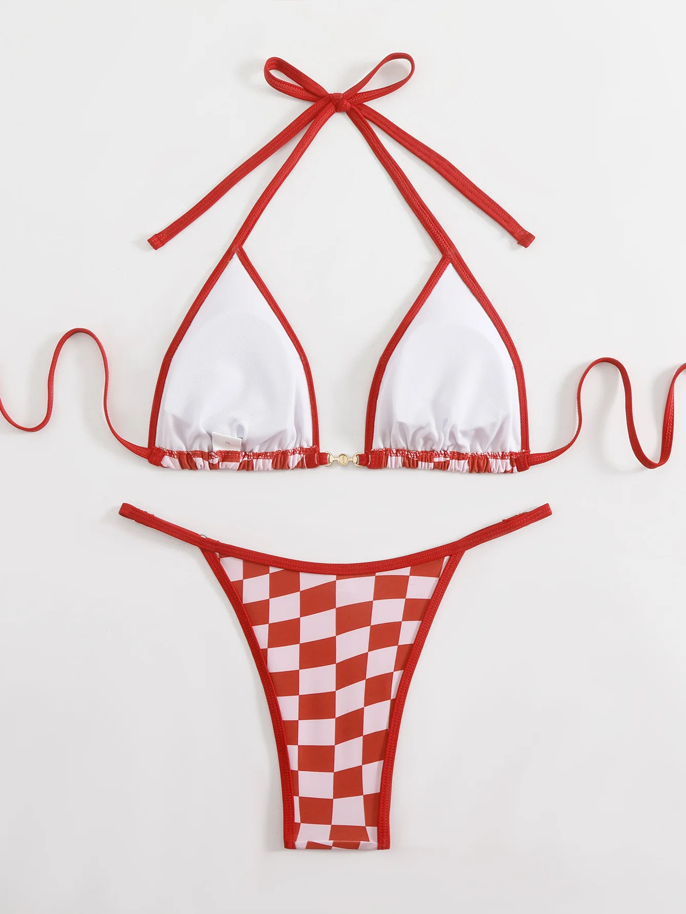 sexy red plaid pearl micro bikinis sets two pieces halter back tie thong swimsuits bathing suit swimwear biquini tankini trikini