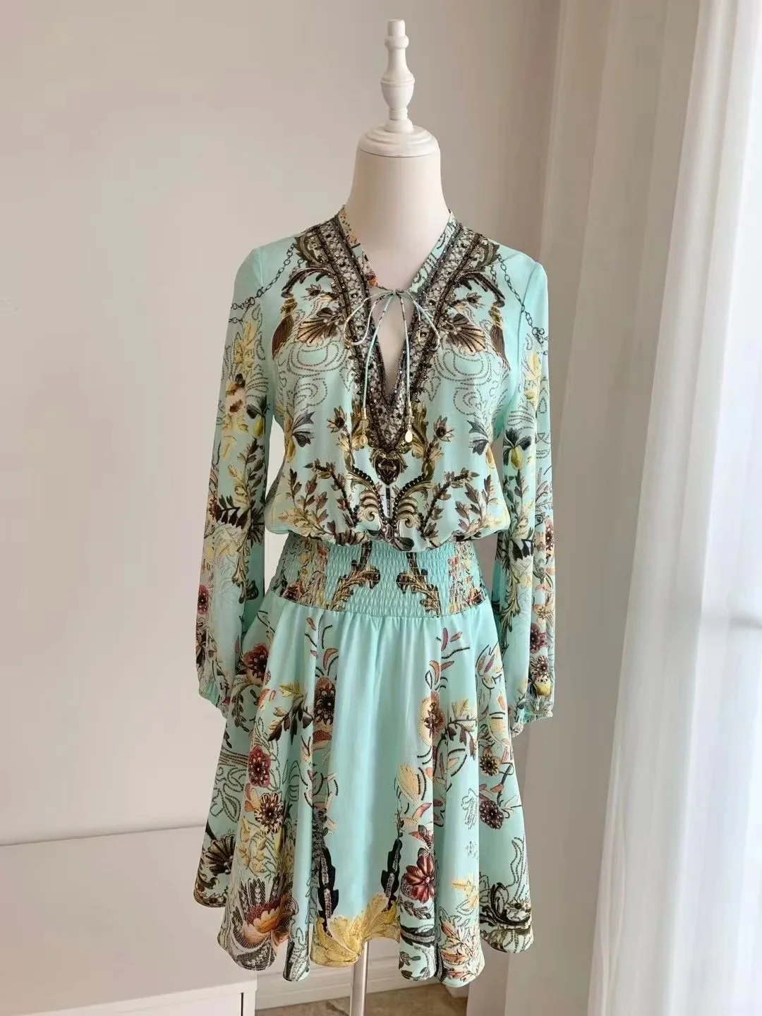 Women Beaded Dress Floral Print Lace-up V-Neck Elastic Waist Long Sleeve Vintage 100% Silk Mini Robe