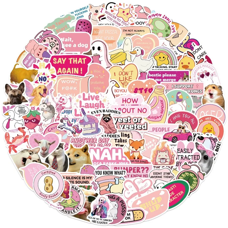 100 Sheets Pink Meme Doodle Stickers Waterproof Vinyl Decals for Guitar Laptop Luggage Funny Cartoon Scrapbook Journal DIY Decor