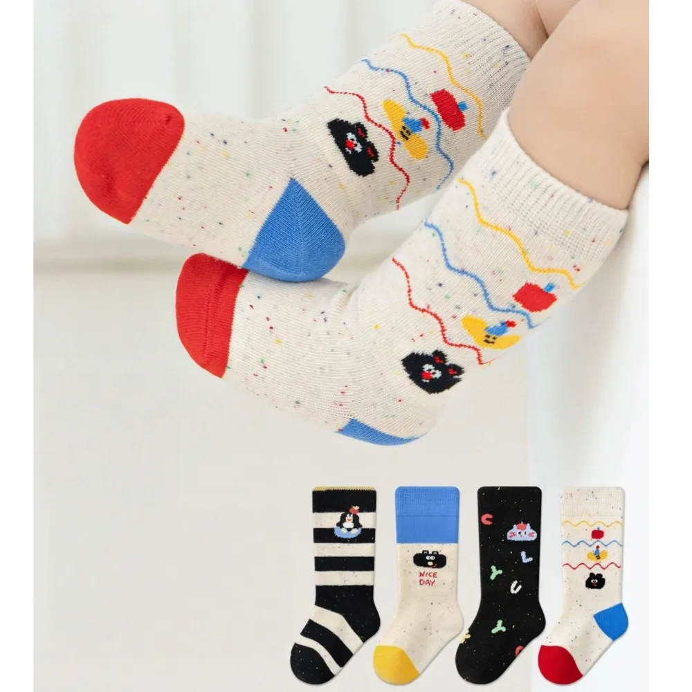 

4 Pairs Children's Socks Set Spring and Autumn Style Cartoon Striped Socks for Boys and Girls 0-5Y