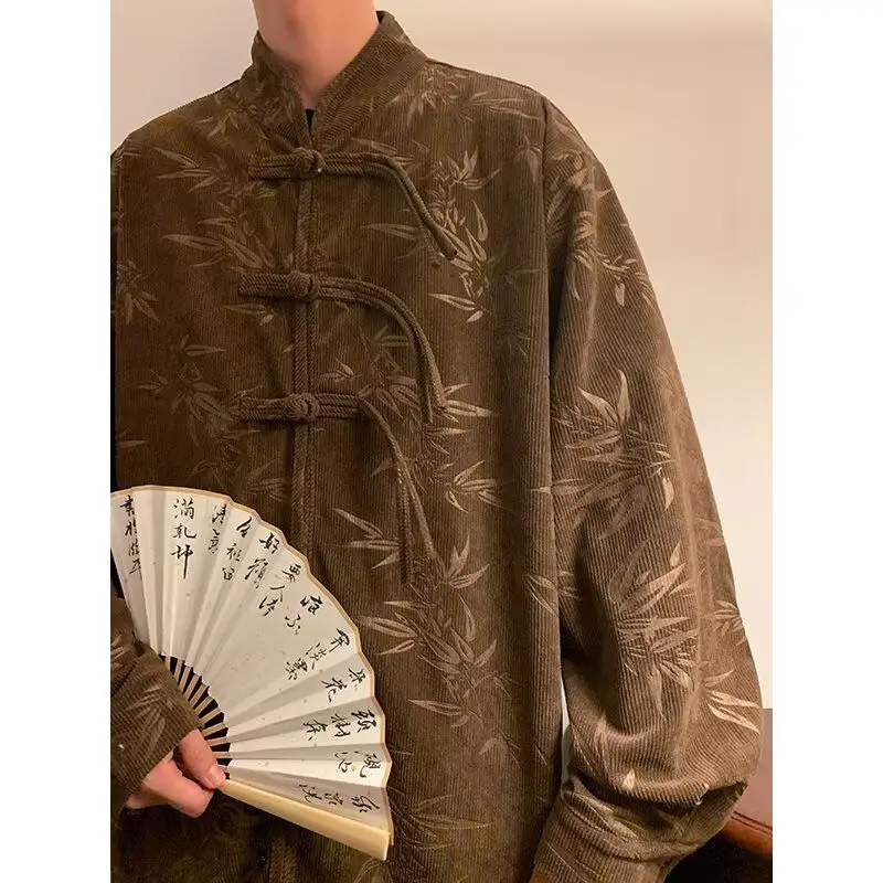 New Chinese Style Men's Long Sleeve Corduroy Shirt Traditional Hanfu Collar Embroidered Cuffs Watercolor Tang Costume Jacket