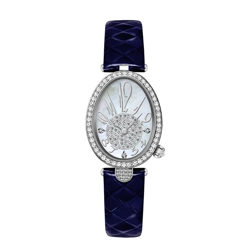 Reloj de mano ovalado de acero plateado para mujer, relojes de pulsera de cuero de alta calidad a la moda, azul, marca Original