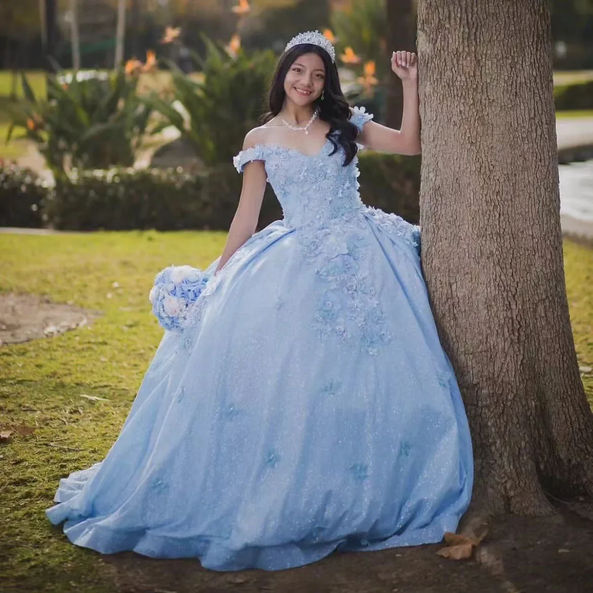 Sky Blue Bridesmaid Dress Ball Gown Tulle Applique 3D Flowers Vestidos 15th Birthday Party Princess Sweet 16 Dress Customized