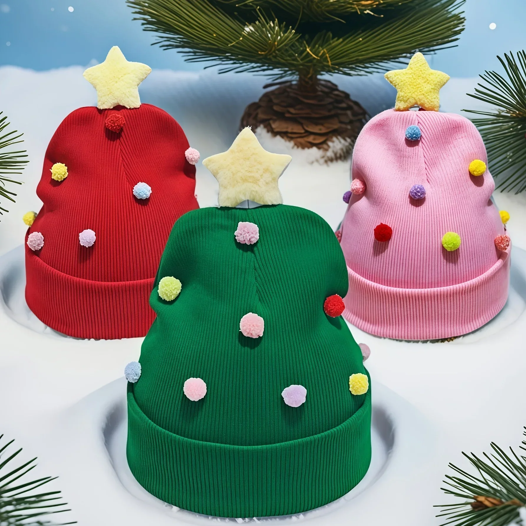 Custom A Single Pack of Multicolored Christmas Hats with Cute Pom-Poms, Designed Like Christmas Trees, for Warmth in Autumn