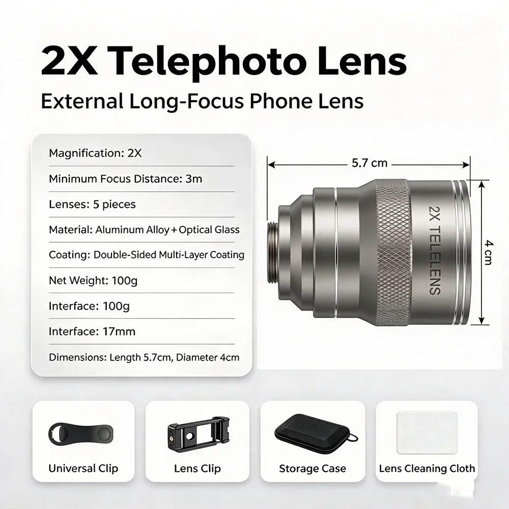 2X Optical Zoom Mobile Phone Telephoto Lens Multi-layer Coating Universal Portable Phone Camera Lens for Travel Content Creators