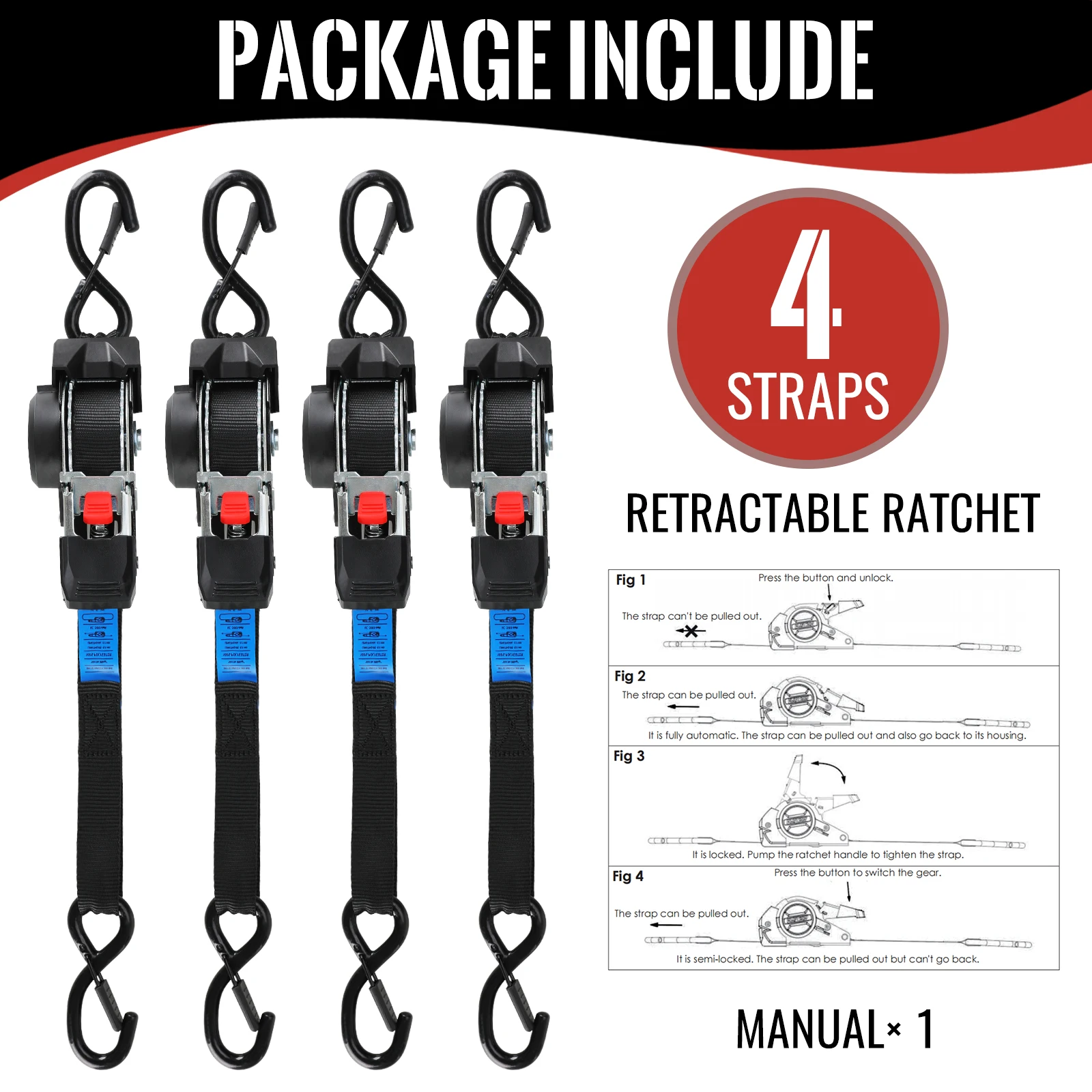 2/4/8-pack automatisch intrekbare ratelriembundels 1 "x 10' (25 mm x 3 m), elk breeksterkte, zware vastzetriemen