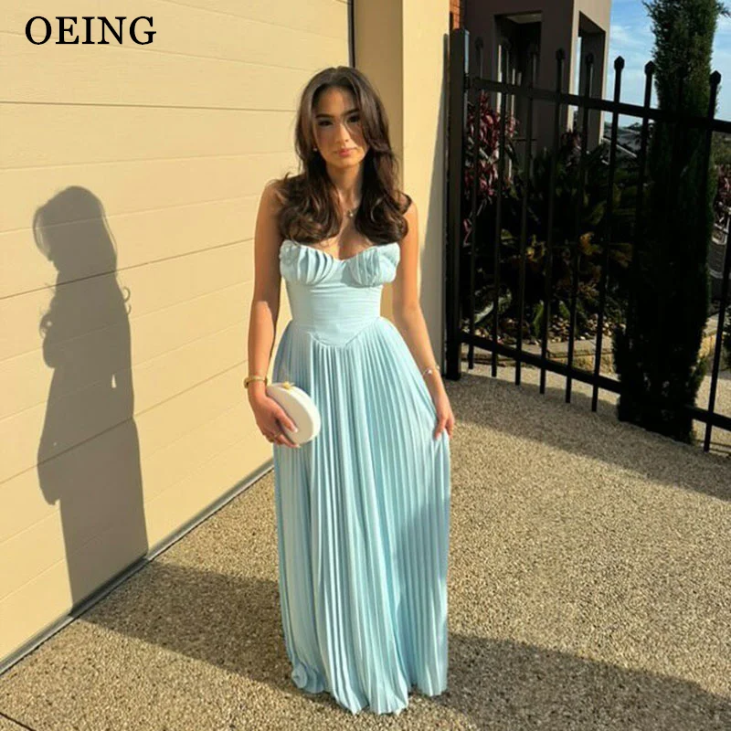 

OEING Sky Blue Chiffon Prom Dresses Sweetheart Strapless Pleats Party Gowns Simple Floor-Length Evening Dress Customized