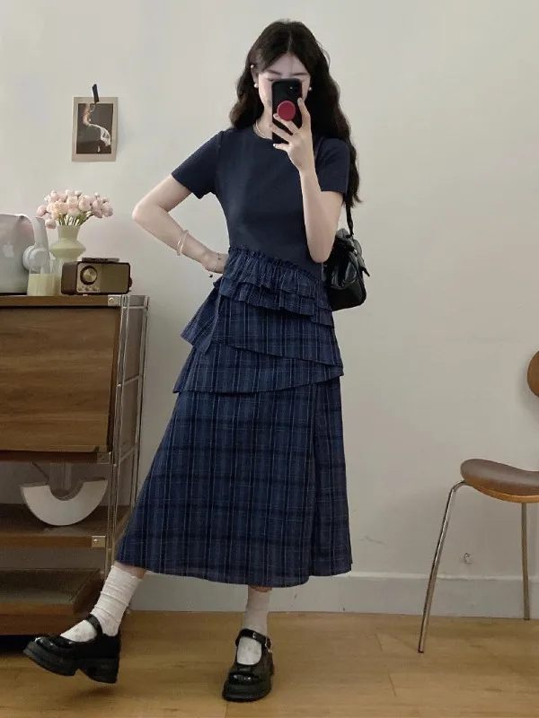 Grande taille coréenne Sle Faionable k bleu oulder longueur Dr femmes été jupe à carreaux épissage T-shirt Dr a-ligne jupe