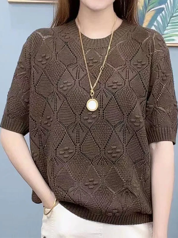 Slimming Effect Loose Knitted Ice Silk T-Shirt Women's Short Sleeve Summer Thin Fashionable Outerwear Hollow out Decorated Co...