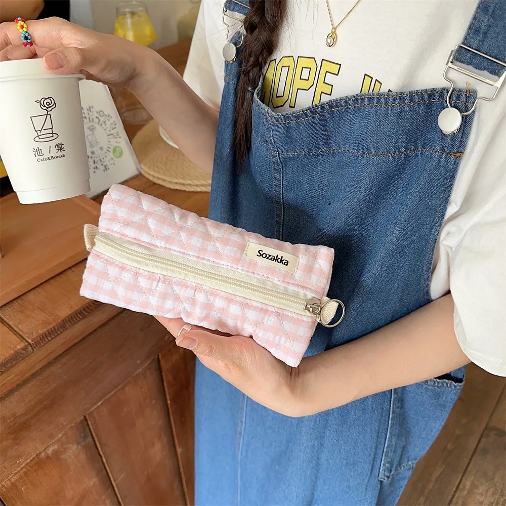 Large Capacity Plaid Pen Bag Korean Style Makeup Brush Pouch Stationary Cloth Box Portable Durable Sewing Pencil Case Kids