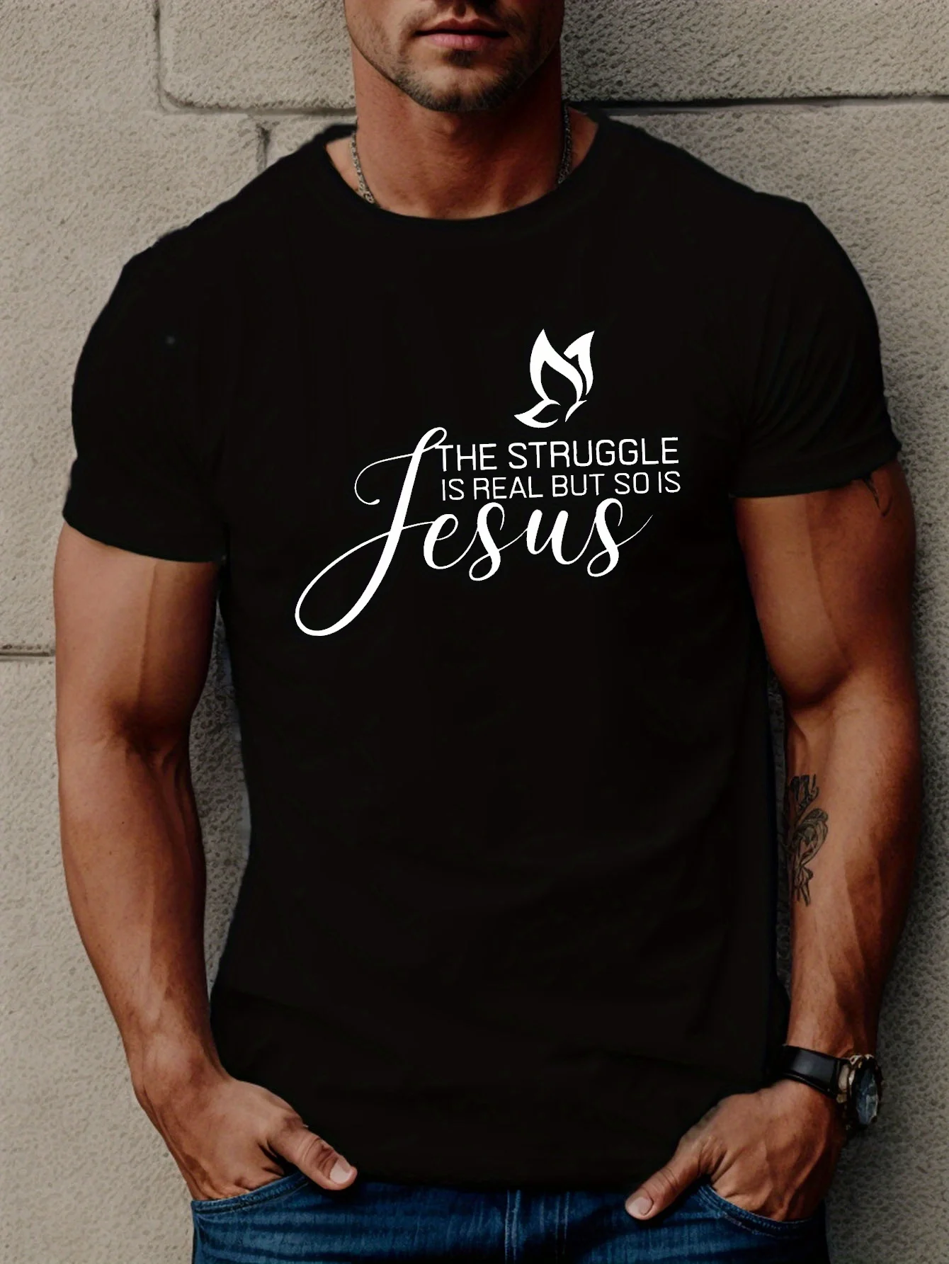 

Мужская повседневная футболка "The Struggle Is Real" - дышащий полиэстер, геометрический узор, круглый вырез, можно стирать в машине