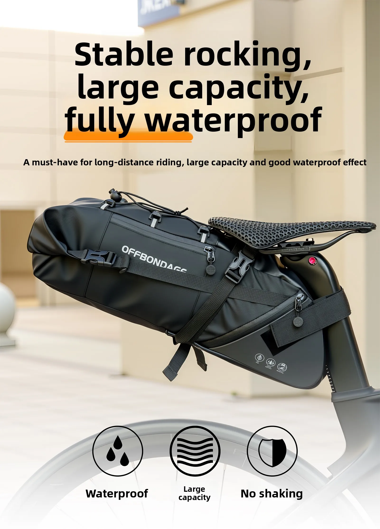 OFFBONDAGE Fahrrad-Satteltasche, wasserdicht, 15 l, großes Fassungsvermögen, Fahrradtasche, Radfahren, Hecktasche, MTB, faltbare Hecktasche, Fahrrad-Straßengepäck – Detail 1