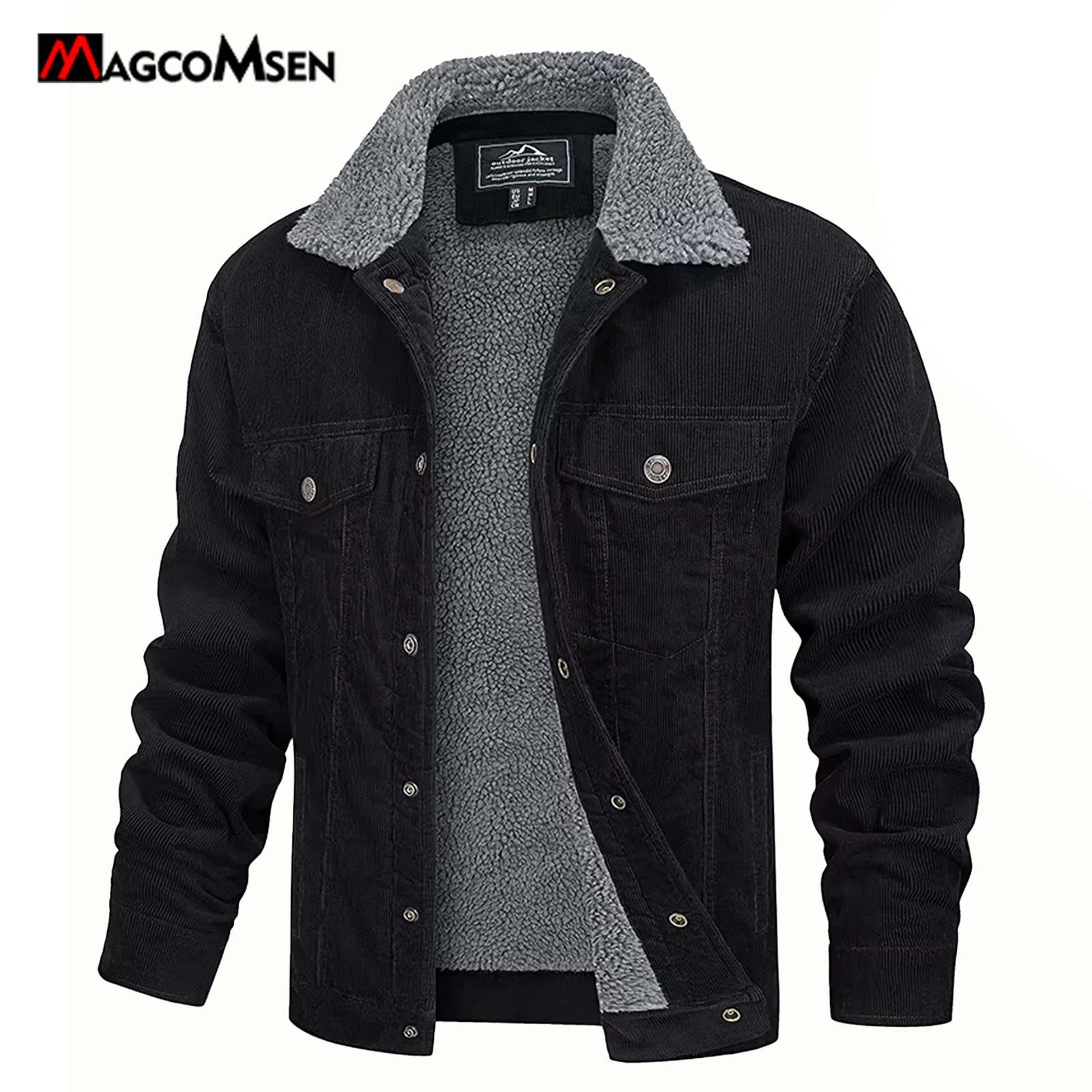 MAGCOMSEN Herren Cordjacken Vintage Sherpa Fleece Windjacke Dicke warme Wintermäntel Lässige Jeansjacke mit mehreren Taschen