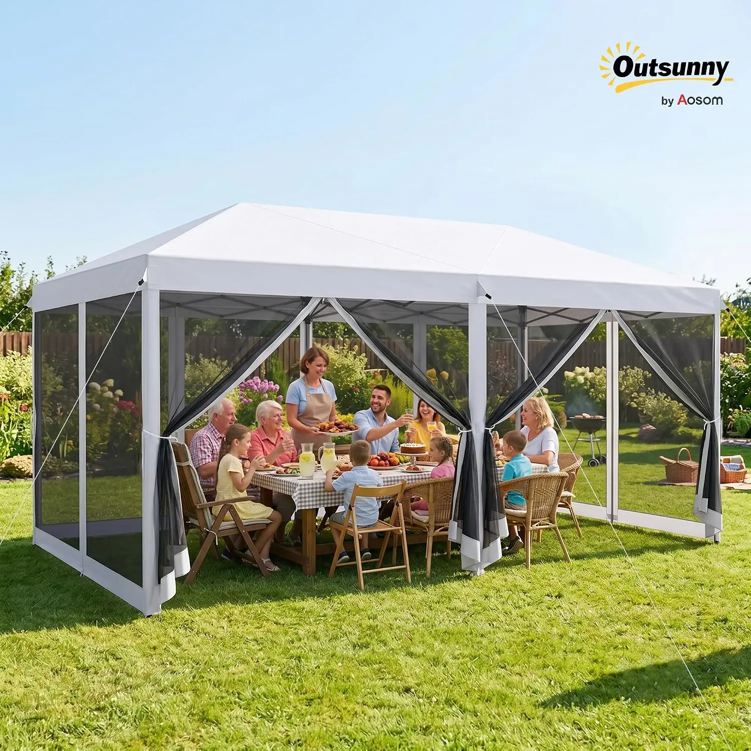 Heavy Duty 10' x 20' Pop Up Canopy Tent with Netting, Large Instant Party Tent & Sun Shelter, Cream White, Includes Carry Bag for Backyard, Garden, Patio