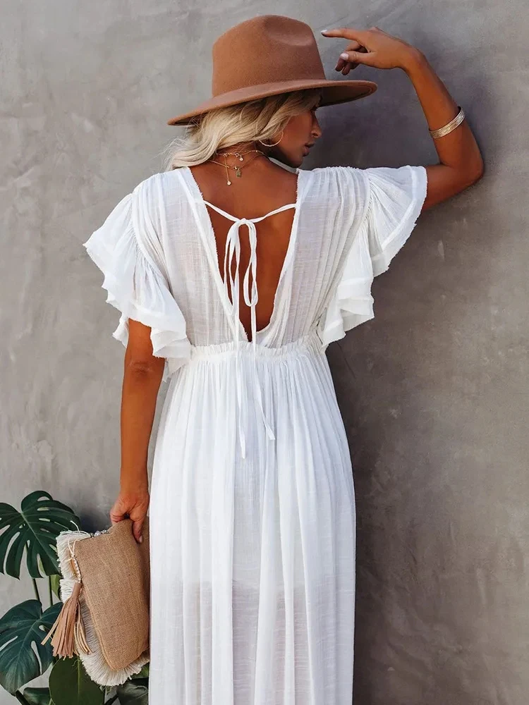 Sexy Bikini Cover-ups Deep V Neck Long White Tunic Casual Summer Beach Dress Elegant Women Clothes Beach Wear Swim Suit Cover Up