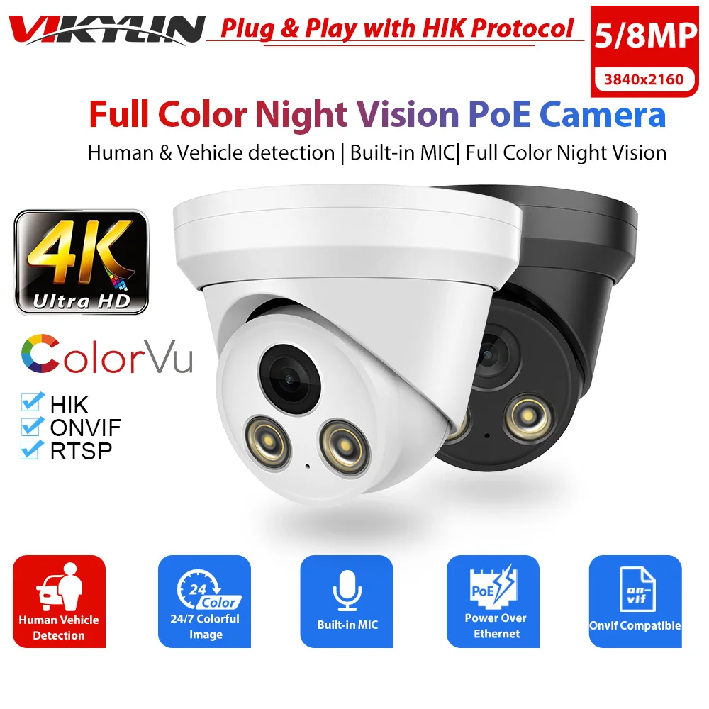 Vikylin 8 MP 4K Full Color 5 MP ColorVu Outdoor Security Camera Human Vehicle Detection Built-in MIC ONVIF Plug & Play HIK NVR