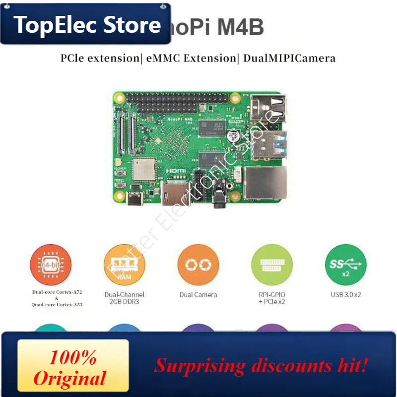 TopElec NanoPi M4B Development Board - RK3399 Dual Camera Support with 2GB RAM, PCIe Expansion & 4K Android Playback​