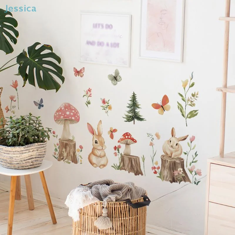 ♥Hot Sale Cartoon Little Bunny Tree Stump Forest Bedroom Living Room Home Wall Background Decorative Wall Sticker