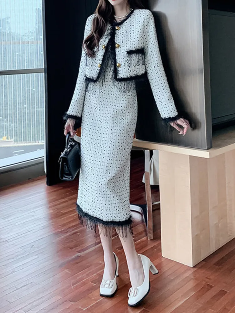 Elegant Office Skirts Suit Ladies Autumn Tassel Plaid Jacket Coats + High Waist Bag Hip Long Skirts 2 Piece Sets Womens Outifits
