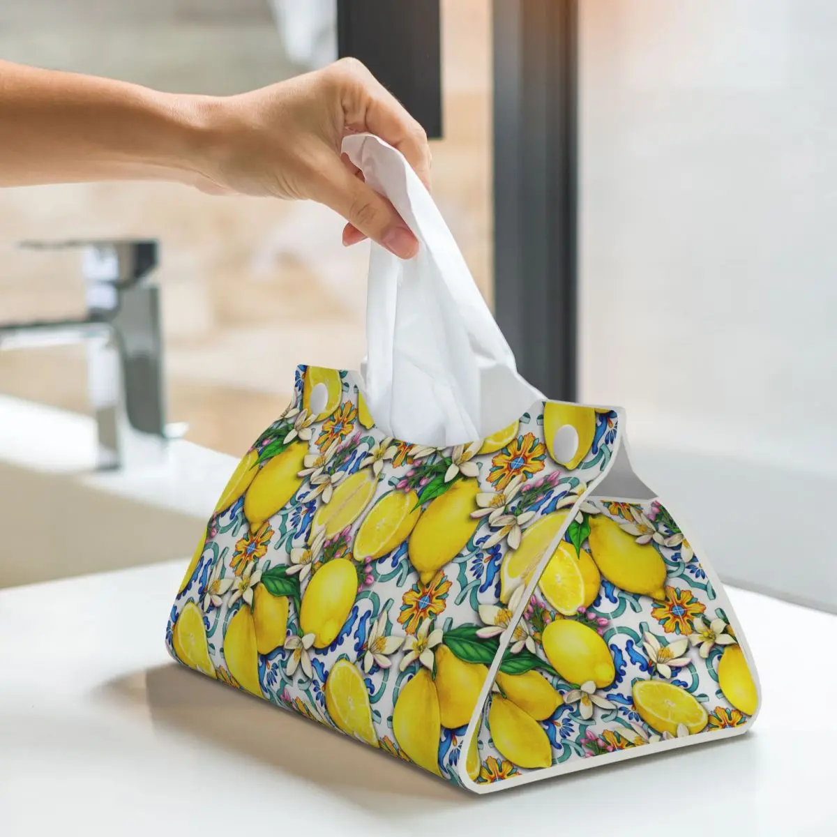 Custom Mediterranean Lemons Tiles Tissue Box Cover PU Leather Rectangular Facial Tissue Box Holder for Bathroom Home