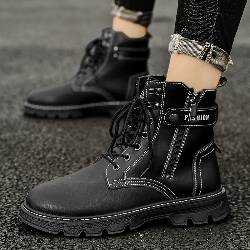 New Fashionable Trendy Motorcycle Boots Men's Versatile Casual Shoes High Top Workwear Boots with British Style Retro Shoes Cosy